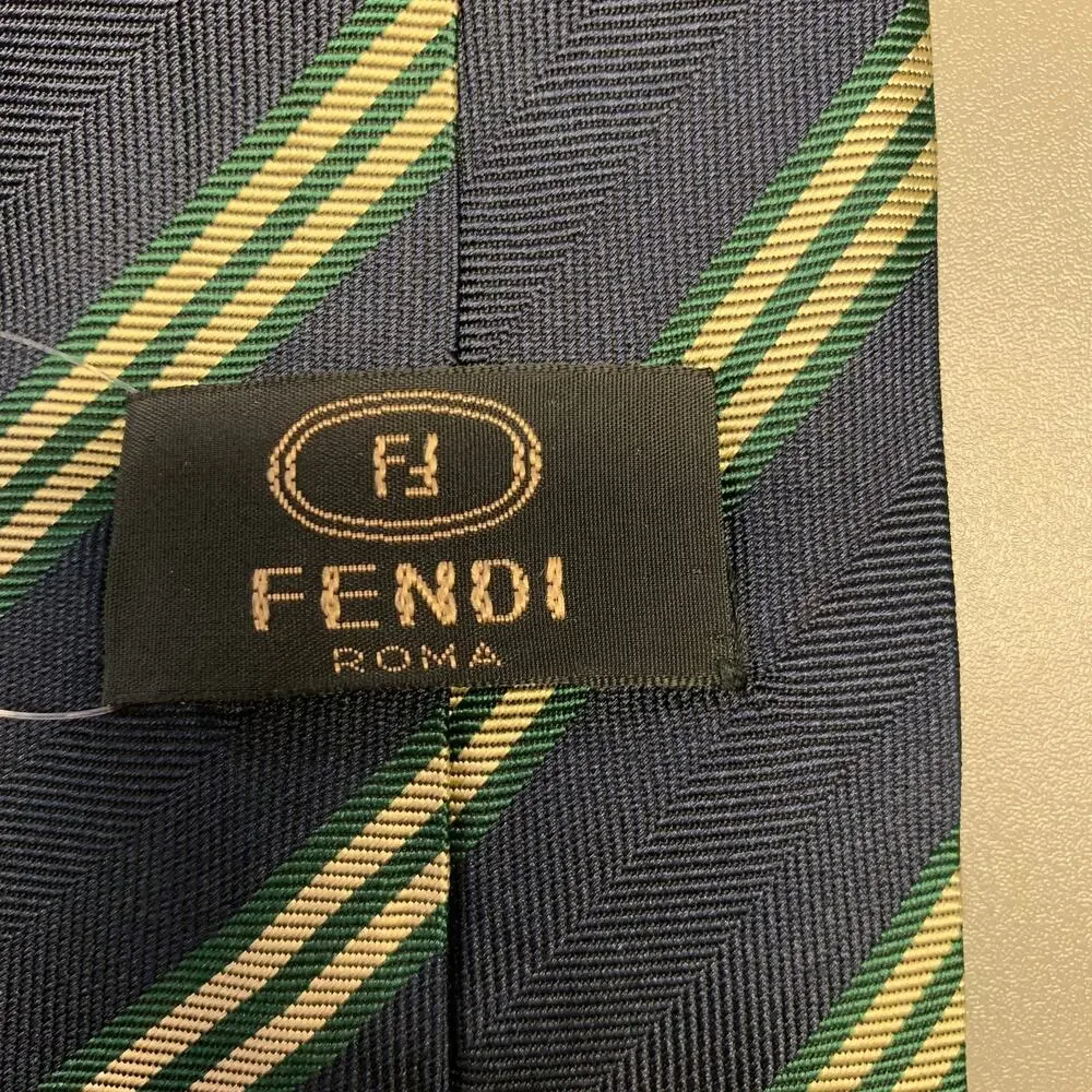FENDI Navy Gold Diagonal Stripe Silk Tie